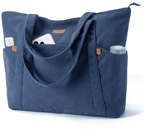 Lekespring Cord Tasche Damen, Groß Tote Bag Strandtasche mit Reißverschluss, Shopper Tasche Damen Laptoptasche mit 17 Zoll Laptopfach, Elegant Handtasche Umhängetasche für Arbeit Schule Gym-Blau