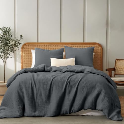 Dreamzie Bettwäsche 220x240cm - 2 Kissenbezüge 80x80cm - Baumwolle Musselin | Dunkelgrau · 3-Teiliges Set · Atmungsaktiv & Weich · OEKO-TEX Zertifiziert · Reißverschluss