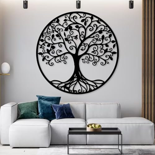 Metal Tree of Life Wall Art Outdoor Large Tree Metal Wall Decor Tree of Life Art Family Tree Nature Decoration for Bedroom Nursery Office Home Garden (Black, 19.7x19.7 inch/50x50 cm, Framed)