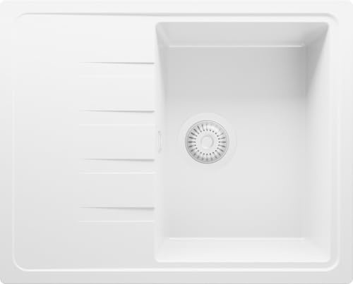 PRIMAGRAN Spülbecken ab 40er Unterschrank + Ablauf-Set, 62x50cm | Set: Ablauf-Set (Siphon, Ablaufgarnitur, Überlauf) + Granitspüle 1 Becken - Mailand, Alles Weiß