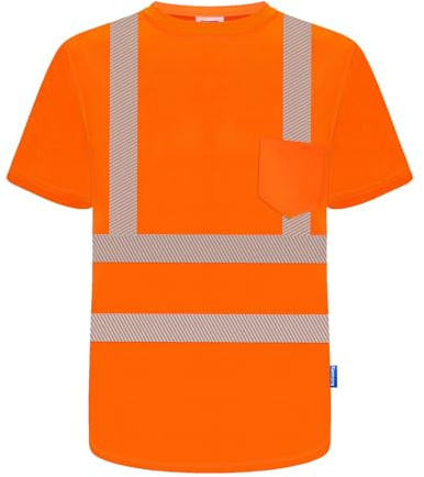 KANMORE Hi Vis Safety T-Shirt – Orange Reflective Work Shirt with Pocket – Lightweight & Breathable Fabric (Short Sleeve, Orange, XXL)