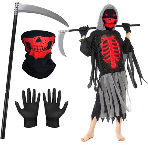 Faburo Halloween Kostüm (L), Zombie Horror Kostüm für Halloween Karneval | Sensenmann Set mit Sense Skelett Gesichtsmaske Handschuhe für Party Rollenspiele