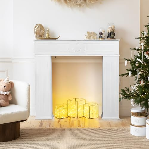 WSOFZMO Kaminkonsole Weiss, Kaminumrandung Holz, Kaminumrandung Deko mit 3 Türen und Stauraum, für Wohnzimmer, Schlafzimmer, lackiert, 107 x 18 x 100 cm (Neu 01)