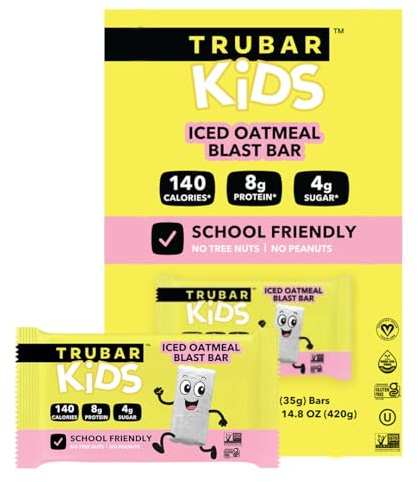 TRUBAR Kids Protein Bars, Iced Oatmeal Blast, Plant Based Protein, Gluten Free School-Friendly Snacks for Lunchboxes, Tree Nut and Peanut Free, Low Sugar, Healthy On the Go Snack Bars, 12 Count