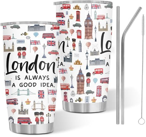 Zorbal 1PC London Souvenirs Gifts Thermal Mug, Souvenir Gifts from UK with London Landmarks, Leak-Proof Insulated Coffee Cup, 3.3×2.8×6.7Inch, with Straw Lid + 2 Straws + Cleaning Brush