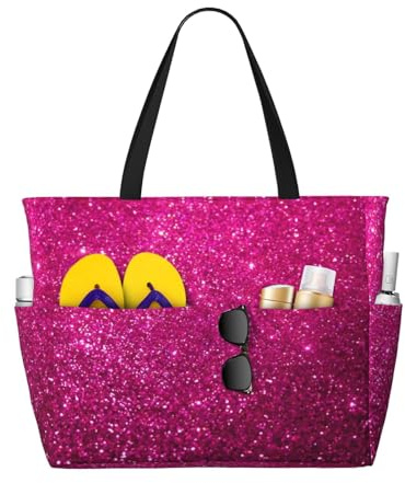 Hnnkloy Rosa Glitzer,Große Strandtasche, Reisetasche, Schultertasche für Damen – wasserdichte Tragetasche