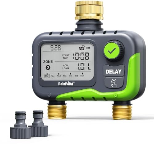 RAINPOINT centralina irrigazione 2 vie con ampio display LCD all-in-one, doppia porta per sensore pioggia e pannello solare, ritardo pioggia, IP65