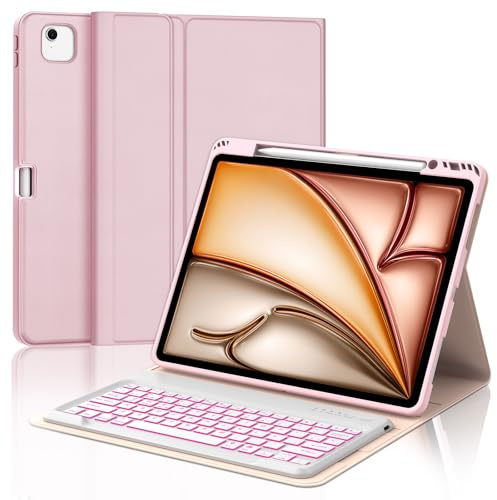 IVEOPPE Funda Teclado para iPad Air 13 Pulgadas M4 2026/M3 2025/M2 2024 | Keyboard Retroiluminación Bluetooth, Español Ñ, Capa Desmontable con portalápices para iPad Pro 12.9 3-6 Gen, Rosa claro