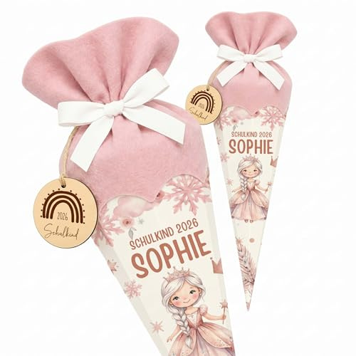 Kidsmood personalisierte Schultüte inkl. Rohling, Filz-Stoff & Holzschild, Zuckertüte als Geschenk zur Einschulung Mädchen & Jungen, Einschulungsgeschenk für Schulkind 2026 - Prinzessin (Rosa)