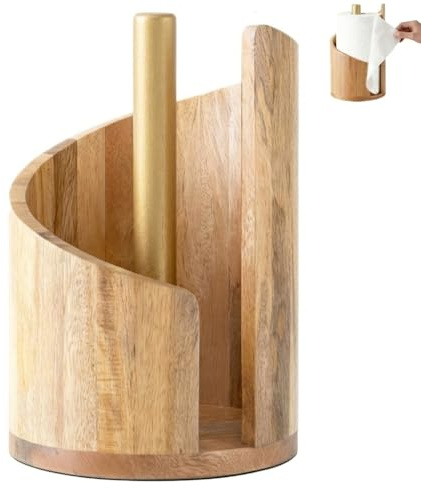 KINDLUME Kleiner Papierrollenhalter Holz Stehend, 15 cm Rollenhalter mit Goldfarbener Stange, für Rollen bis ca. 9cm Durchmesser, Kompakter Toilettenpapierhalter