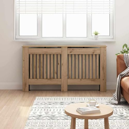 Runheo Cache-Radiateur Chêne Artisanal 152 x 19 x 81,5 cm en MDF Robuste, avec étagère intégrée pour Rangement Pratique, Design à Lattes Verticales, idéal pour Chauffage intérieur Hiver