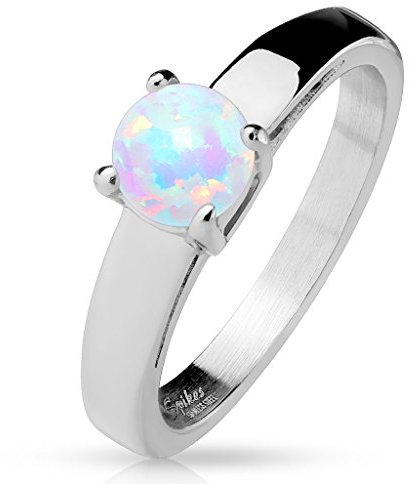 Paula & Fritz® Ring aus Chirurgenstahl Edelstahl 316L Klassicher Verlobungsring mit eckigen Kanten und rundem Opal 47 (15)