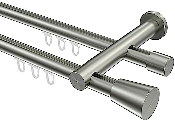 INTERDECO Innenlauf-Gardinenstange 20 mm 2-läufig, moderne Innenlaufstange aus Metall, Edelstahl-Optik, zur Wandmontage, Typ 10214612, 280 cm
