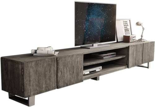 DELIFE Fernsehtisch Live-Edge Akazie Platin 300 cm 4 Türen 2 Fächer Baumkante Lowboard