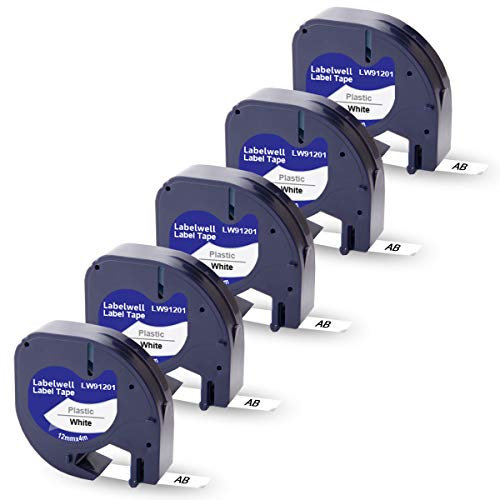 Labelwell 5x Kompatibel für Dynmo 91221 S0721660 91201 Kunststoff Schriftband Schwarz auf Weiß 12mm 0.47 für Dynmo 200B LT-100H LT-100T Plus LT-110T QX 50 XR XM 2000 80 Beschriftungsgerät