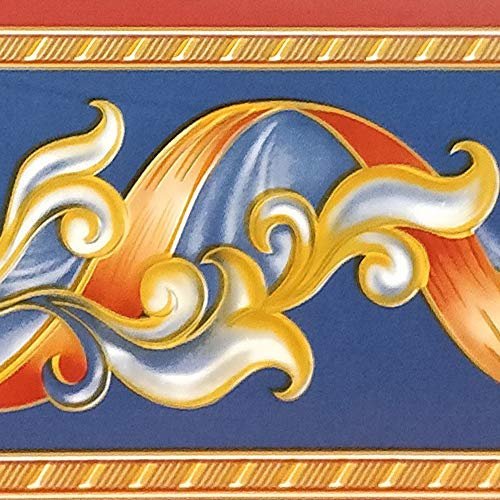 Dundee Deco BD3217 Tapeten-Bordüre, abstrakt, Rot/Gelb gestreift/Gelb, Marineblau, Tapeten Bordüre, Tapetenbordüre Retro-Design, Rolle 10 m x 10 cm, selbstklebend