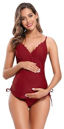 SHEKINI Maillots de Bain Femme Deux Pièces Maternité Élégant Bord Festonné Désign Contrôle Abdominal Réglable Bikinis Enceintes Tankini 2 Pièces Triangle Bas de Bikini(XL, Vin Rouge)