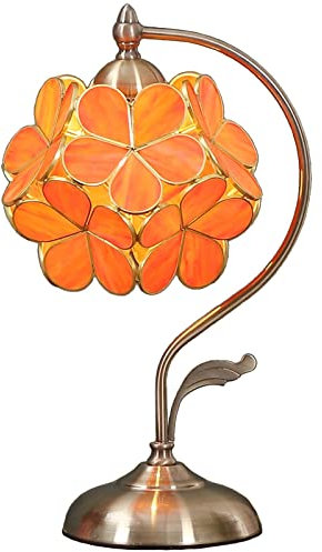 Bieye Lampe de table en vitrail style Tiffany avec pétales de fleurs et base en laiton pour la décoration intérieure (Orange, Fleur de cerisier 8)
