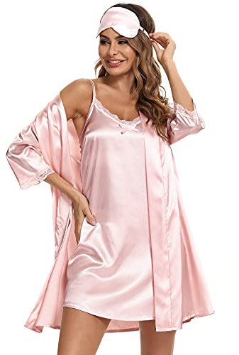 Doaraha Nuisette Femmes Sexy Satin Chemise de Nuit Manches 3/4 2 pièces De la Dentelle Peignoir Femmes Robes de Chambre Kimono / XXL / rose