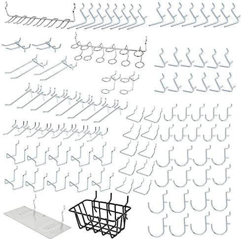 Hiltex 53108 Lot de 100 crochets et accessoires en métal pour panneau perforé, bacs et crochets pour travaux manuels, organisateur pour garage, outils de panneau perforé, crochets utilitaires,