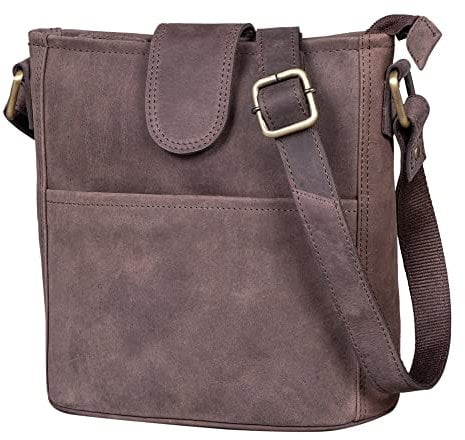 LEABAGS Leder Handtasche Damen I Premium Echtleder Umhängetasche I Damen Schultertasche I Damentasche I Tragetasche für Arbeit Uni Schule Freizeit I Größe M (24 x 23 x 6 cm) I Nature Dunkelbraun