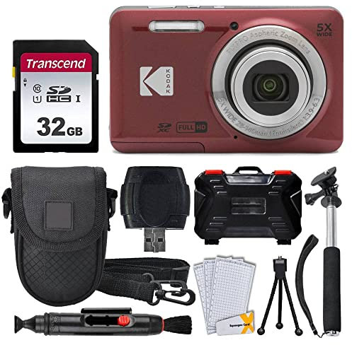 Kodak PIXPRO FZ55 Appareil Photo Numérique (Rouge) + Carte Mémoire 32 Go + Etui Appareil Photo Point and Shoot + Monopode Extensible + Stylet de Nettoyage + Films de Protection Ecran LCD + Trépied de