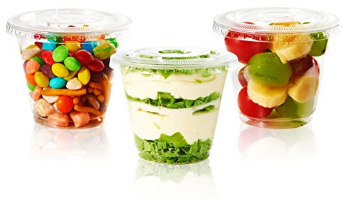 Vplus 200 Pack 9 OZ Plastic Cups With Flat Lids, 9 OZ PET Crystal Clear Cups, Disposable Plastic Cups For Parfait, Fruit, Desserts, Snacks, Yogurt, and Jelly