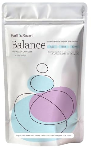 Earth's Secret Balance Stress Relief Supplement - KSM-Ashwagandha - L theanine High Strength with Holy Basil & Rhodiola Rosea - 60 Capsules