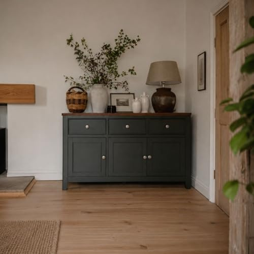 Queensbury Large Sideboard 3 Door 3 Drawer | Oak Top with Detailing | Fully Assembled Kitchen Dining Living Room Furniture (Bottle Green)