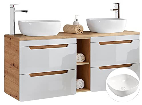 Lomadox Badmöbel Waschtisch Set 140 cm Hochglanz weiß Eiche, 2 Keramik-Waschbecken, Waschtisch-Unterschrank 4 Softclose-Schubkästen, Ablage-Regal