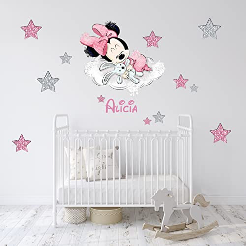 Vinilo decorativo adhesivo infantil de pared Mickey y Minnie bebes durmiendo sobre nube con estrellas Personalizado con nombre – Varias medidas (70_x_46_cm, Rosa)