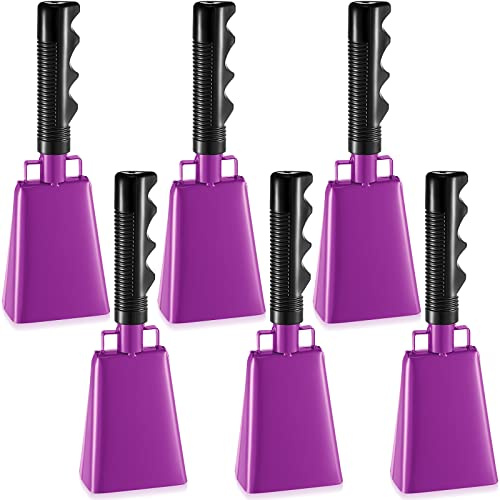 Kigley 6 Stück Kuhglocken Bulk, 22.9 cm Metall-Kuhglocken mit Griff, Cheering Glocken für Abschluss, solide Schulglocke, Kuhglocke, Schule, Handglocken für Sportveranstaltung, Jubeln, Lila
