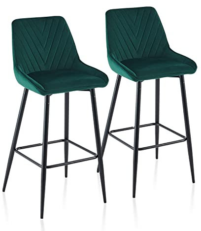 TUKAILAI Barhocker 2er Set 75cm, Barstühle Samt, Küchenhocker mit Rückenlehne Gepolstertem Sitz Metallbeinen Fußstütze, Tresenhocker Bistrohocker für Küche Bars Esszimmer Restaurants, Grün