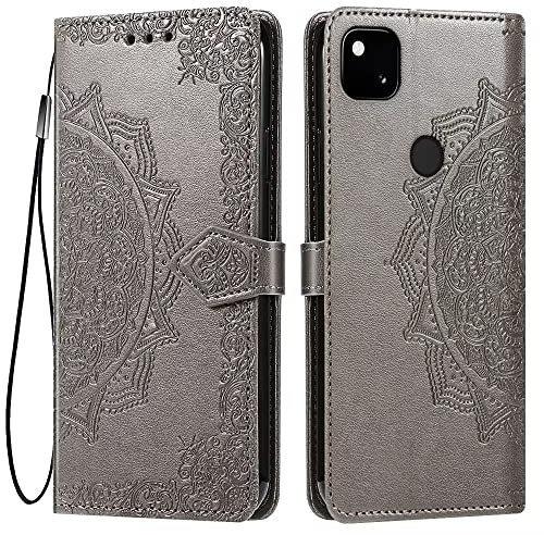 HONLEN Hülle für Google Pixel 4a (4G) Handyhülle, (5.81 Inches) Premium PU Leder Wallet Magnetverschluss Flip Case mit 3 Kartenfach,Mandala Muster Case Grau