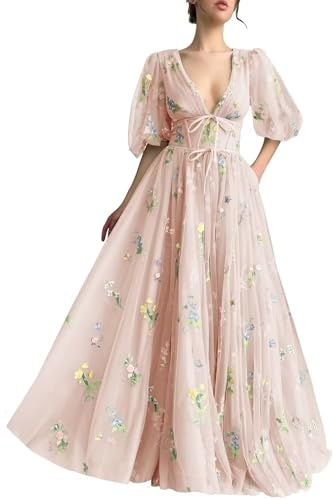 Basgute Women’s Tulle Prom Dress with Corset and Floral Embroidery, Long, Thin Straps, Formal, Ruched Evening Dress, Fairy Style, Customisable