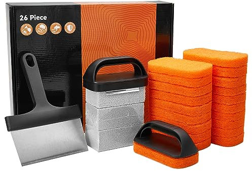 Griddle Cleaning Kit for Blackstone 26 Pieces Flat Top Grill Accessories Cleaner Tool Set - 1 Scraper 3 Cleaning Brick 20 Scouring Pads and 2 Handles Easy Cleaning on Hot or Cold Surfaces