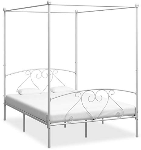 Homgoday Weißes Himmelbett aus Metall, 140 x 200 cm, Bettrahmen, Bettrahmen, Rahmen, modernes Bett, Doppelbett, Bett mit Lattenrost für Wohnzimmer Schlafzimmer