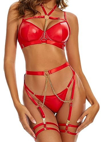 Dessous-Sets Reizwäsche für Damen Sexy Unterwäsche für Frau Lingerie Sexy Outfit mit Strapsgürtel mit Strumpfband mit BH und Slip 6-Teilig Karminrot XL