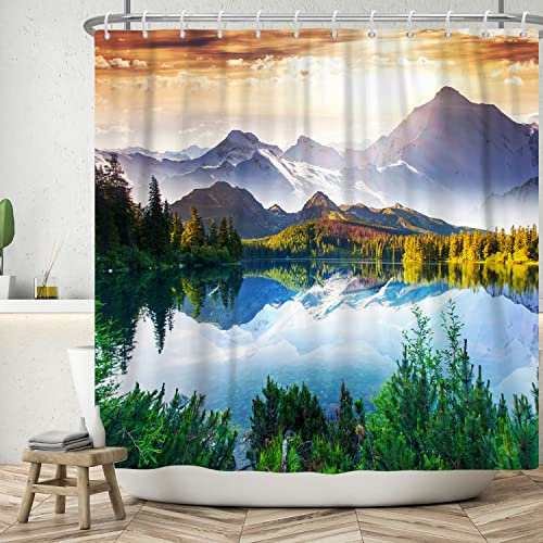 ASDCXZ Tenda da doccia paesaggio, 180 x 200 cm, paesaggio naturale, spettacolare lago e montagna, verde, foresta, lavabile, in poliestere, impermeabile, per vasca da bagno con 12 ganci