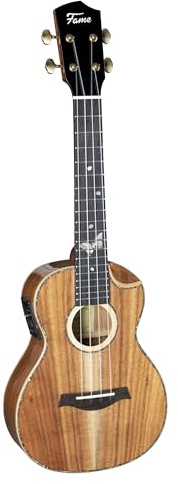 Konzertukulele Fame Koa Standard, Massiv Koa-Decke, Belcat Tonabnehmer, Natural Hochglanz Finish, geeignet für Musikliebhaber