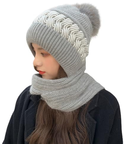 Integrierter Gehörschutz Winddichte Mütze Schal für Damen, Kapuzenschal für Frauen Winter, 2 in 1 Maskenschal Strickmütze Mütze Schal Set Damen Pink Beige