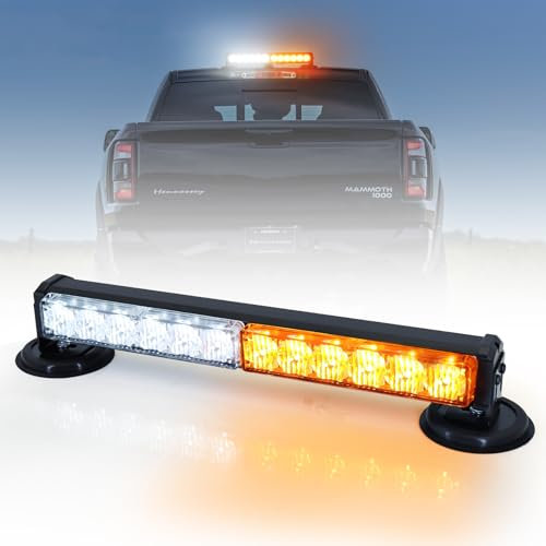 12 Zoll Blinken LED Warnleuchte Akku Orange + weißes Lichtleiste, 12v led stroboskop blitzer balken mit 14 Blinkende Stroboskop-Modi für Auto Pkw Truck Traktor KFZ LKW(mit Zigarettenanzünder)