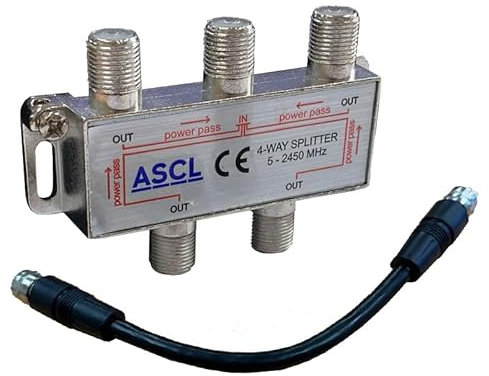 ASCL 1 in 4 Output TV Aerial Coaxial Cable 4 Way Splitter with Black F Plug Connector Patch Cable