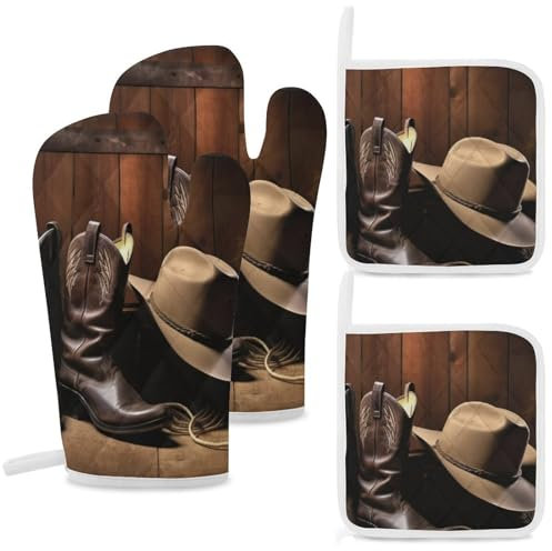 Ofenhandschuhe und Topflappen, hitzebeständig, Ofenhandschuh und Topflappen, Cowboy-Hut, Westernstiefel, Grillhandschuhe, heiße Pads, Kochhandschuhe für Küche, Backen, Grillen, 4-teilig