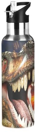ALAZA Bouteille d'eau en acier inoxydable avec paille, gourde isotherme 3D T-rex en forme de dinosaure pour enfants et adultes, étanche, 1 l