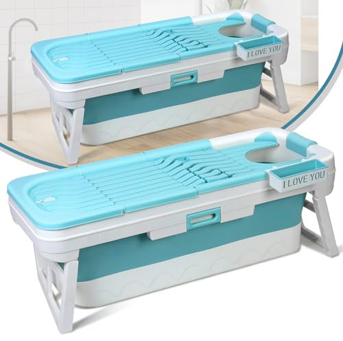 Baignoire portable pour adulte, grande baignoire pliable de 150 cm, baignoire de trempage sur pied, baignoire de massage pliable avec couvercle, baignoire chaude pour adultes et enfants (bleu)
