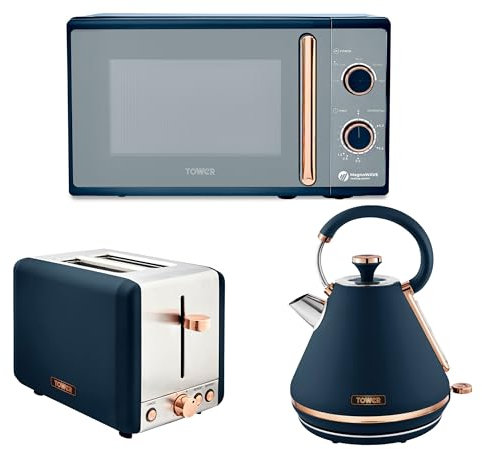 Tower Cavaletto Midnight Blue 1.7L 3KW Pyramid Kettle, 2 Slice Toaster & 800W 20L Microwave. Matching Kitchen Set in Midnight Blue with Rose Gold Accents