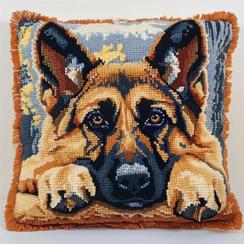 DIY knüpfen set anfänger Deutscher Schäferhund Tier knüpfkissen mit vordruck Cartoon-Hund Kits zur Herstellung von Kissenbezügen，DIY-Häkelgarn-Kits，Stick-Kits，Kits zur Herstellung von K 43x43cm