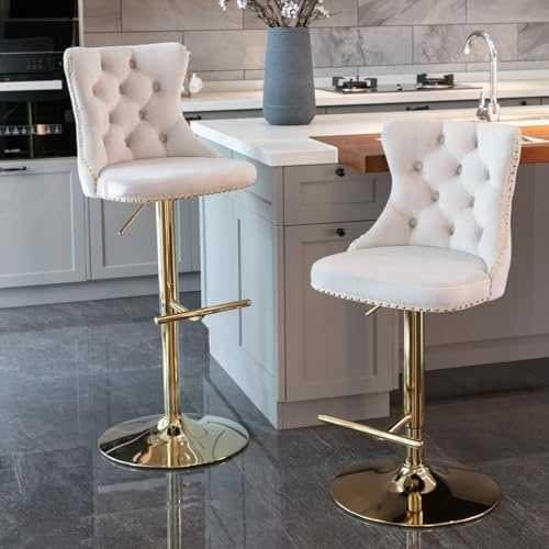 HomeTouch Luxury Velvet Bar Stools Set of 4 Swivel Kitchen Breakfast Barstool Adjusatble Height Bar Chairs for Counter (4, Beige Gold)