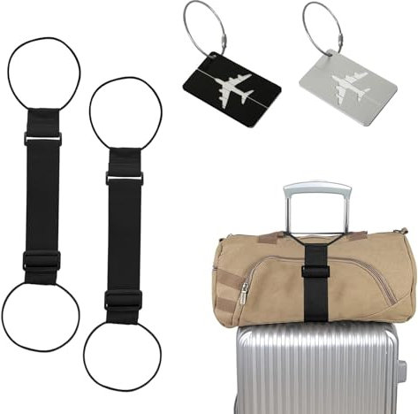 2 Pcs Suitcase Straps with 2 Pcs Luggage Tags, Suitcase Accessories Adjustable Luggage Belt for Suitcases Attach Bags Portable Travel, Luggage Belts for Suitcases(Black Belt, Black, Grey Luggage Tags)